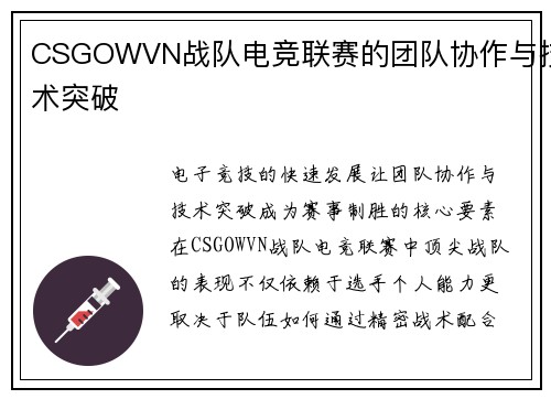 CSGOWVN战队电竞联赛的团队协作与技术突破