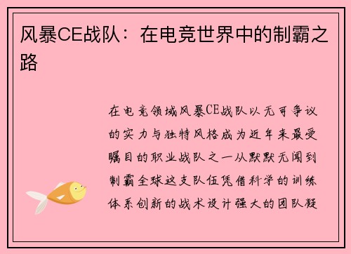 风暴CE战队：在电竞世界中的制霸之路