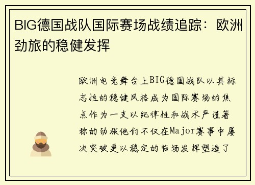 BIG德国战队国际赛场战绩追踪：欧洲劲旅的稳健发挥