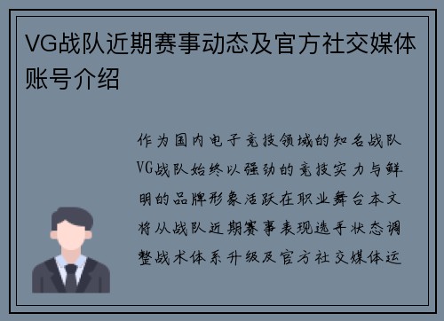 VG战队近期赛事动态及官方社交媒体账号介绍